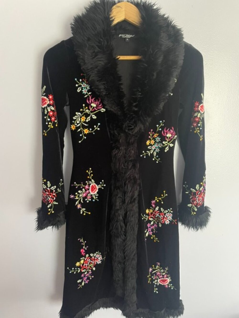 Vintage Betsey Johnson 1990's Faux Fur embroidered duster coat